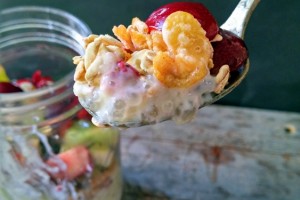 pudim de tapioca fit com granola e fruta fresca